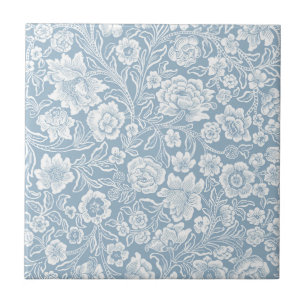 Handgezeichnete Blumen, Blau Grau Weiße Botanische Fliese