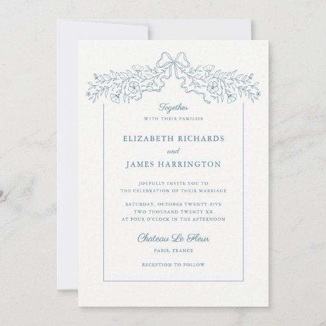 Handgezeichnete Blütenbow Rahmen Dusty Blue Weddin Einladung (Vorderseite)