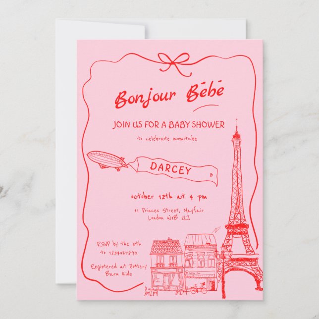 Handgezeichnete Bonjour Bebe Französisch Pink Baby Einladung (Vorderseite)