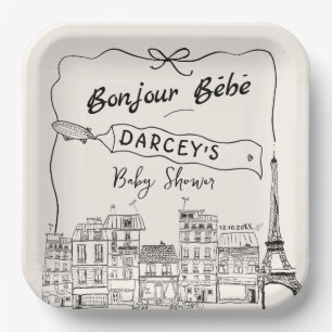 Handgezeichnete Bonjour Bebe French Baby Dusche Pappteller