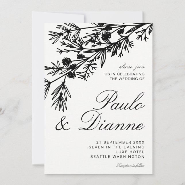 Handgezeichnete botanische Blätter zum Hochzeitsem Einladung (Vorderseite)