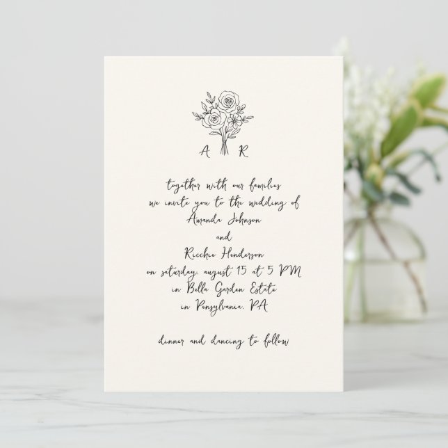 Handgezeichnete Bouquet Monogram Handwriting-Hochz Einladung (Stehend Vorderseite)