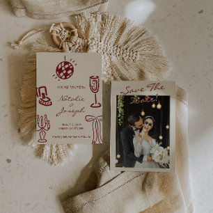 Handgezeichnete Burgunder Whimsical Foto Hochzeit Save The Date