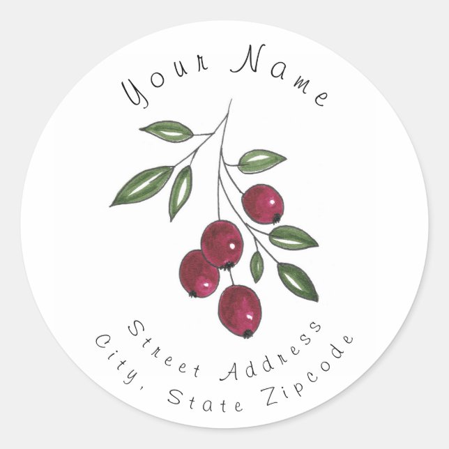 "Handgezeichnete Burgundy Red Berries"-Adressetike Runder Aufkleber (Vorderseite)