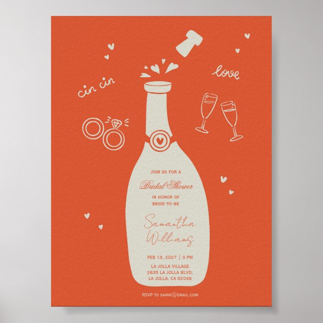 Handgezeichnete Champagner-Junggesellinnen-Abschie Poster (Vorne)
