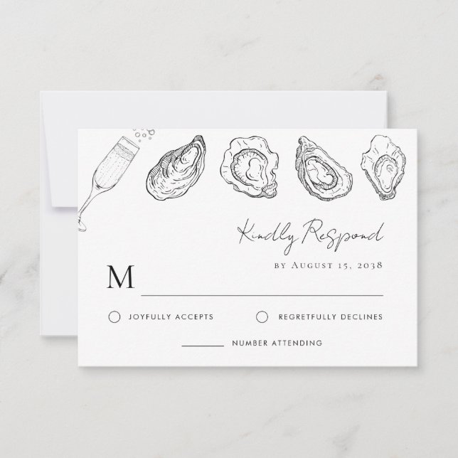 Handgezeichnete Champagner Oysters RoastWedding RSVP Karte (Vorderseite)