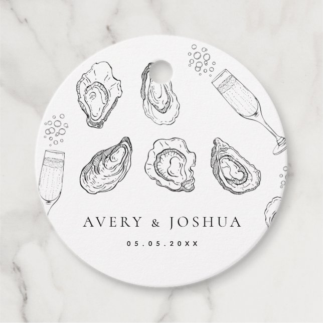 Handgezeichnete Champagner- und Austernfeier Geschenkanhänger (Vorderseite)