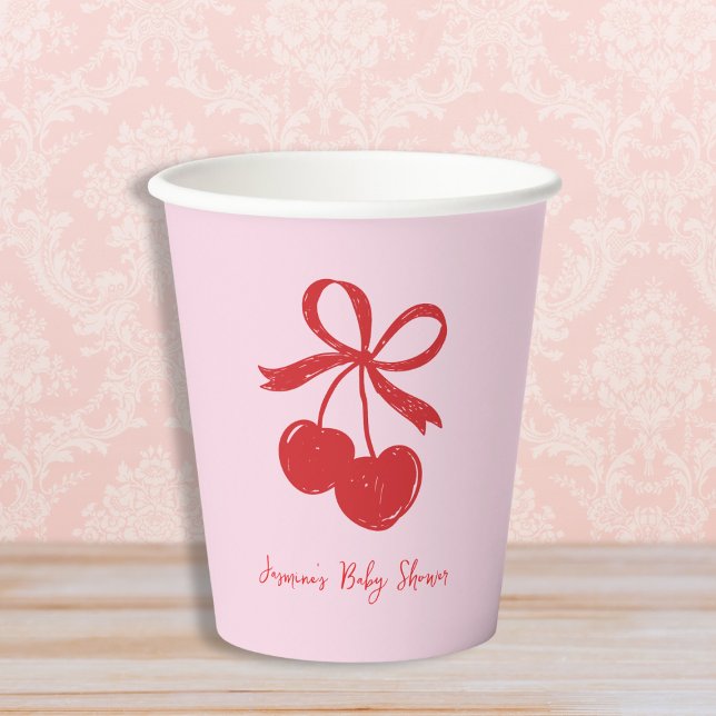 Handgezeichnete Cherry Bow Pink & Red Baby Dusche Pappbecher (Hand Drawn Cherry Bow Pink & Red Baby Shower Paper Cups)