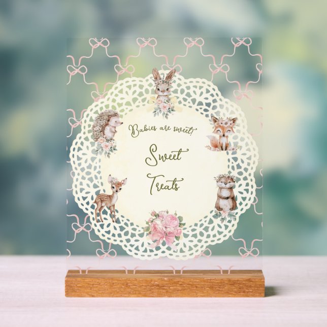 Handgezeichnete Coquette Ribbon Woodland Babydusch Acrylschild (Neutral)