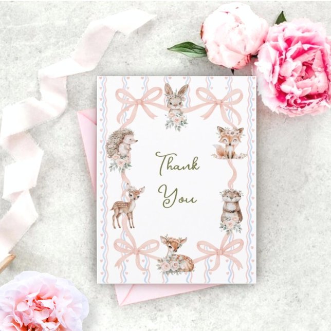 Handgezeichnete Coquette Ribbon Woodland Babydusch Dankeskarte (Von Creator hochgeladen)