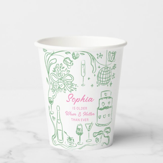 Handgezeichnete Coquette Wiser und Hotter Geburtst Pappbecher (Vorderseite)