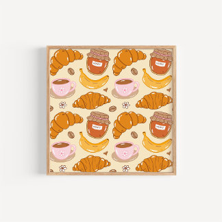 Handgezeichnete Croissants und Kaffee Küchenkunst Poster