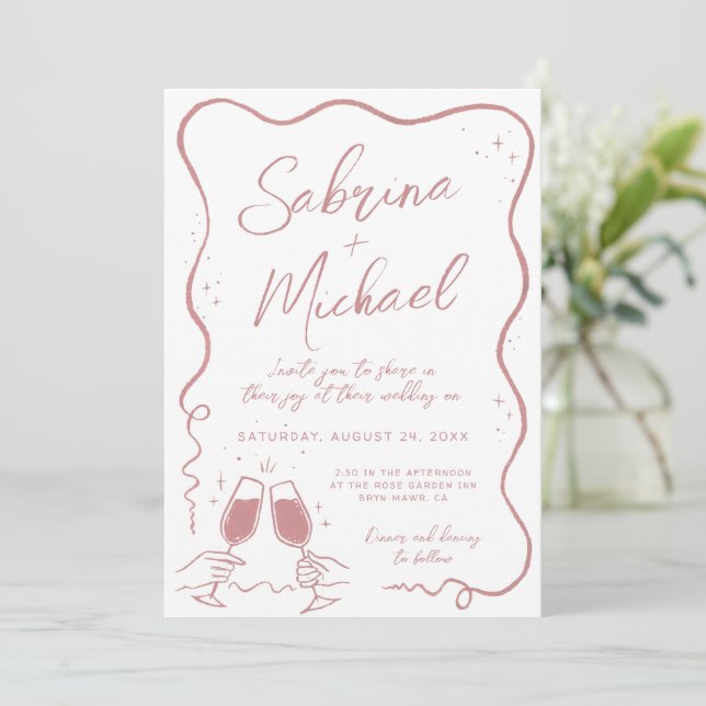 Handgezeichnete Curvy Whimsical Dusty Pink Wedding Einladung (Stehend Vorderseite)