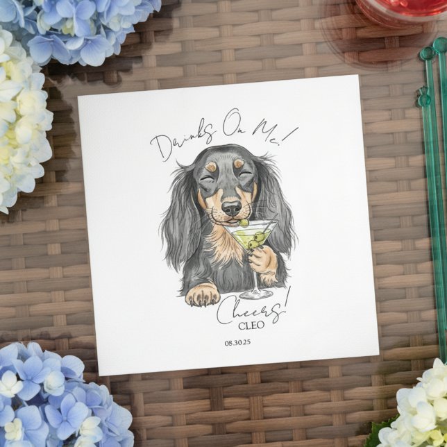 Handgezeichnete Dackel Martini Offener Bar Cocktai Serviette (Toast your pet with this custom hand drawn dachshund martini cocktail napkin!)