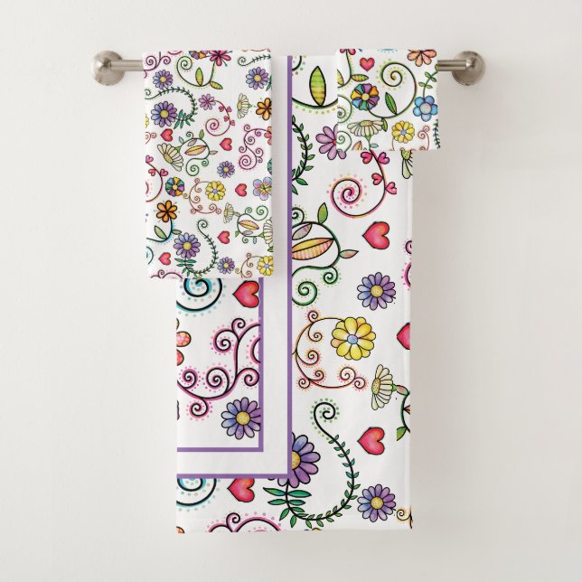 Handgezeichnete Doodle farbenfrohe, nahtlose Muste Badhandtuch Set (Insitu)