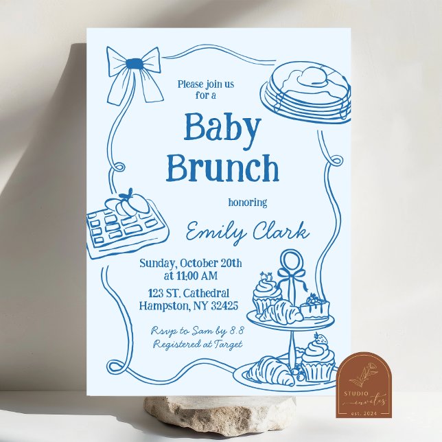 Handgezeichnete Doodles Blue Baby Brunch Einladung (Von Creator hochgeladen)