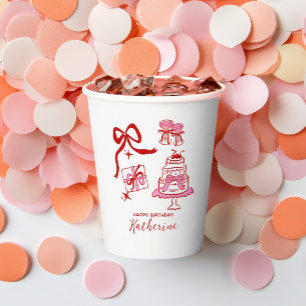 Handgezeichnete Doodles Rot Pinke Torte Geburtstag Pappbecher