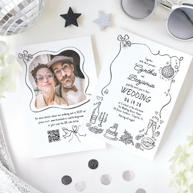 Handgezeichnete Doodles Whimsical Retro Hochzeitss Einladung (Hand Drawn Whimsical Wedding Photo Invitation)