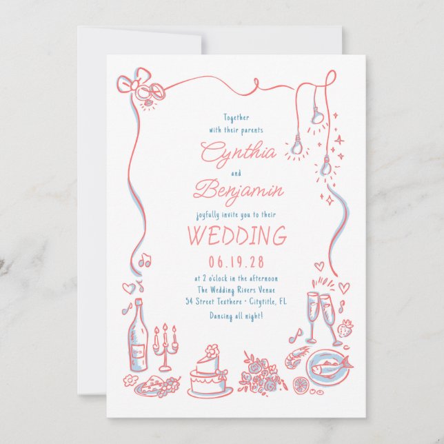 Handgezeichnete Doodles Whimsical Wedding Foto Einladung (Vorderseite)