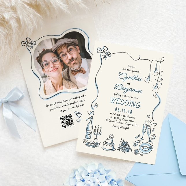 Handgezeichnete Doodles Whimsical Wedding Foto Einladung (Hand-drawn whimsical wedding photo invitation)