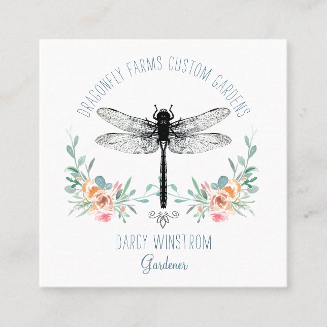 Handgezeichnete Dragonfly Blumengartenplatz Busine Quadratische Visitenkarte (Vorderseite)