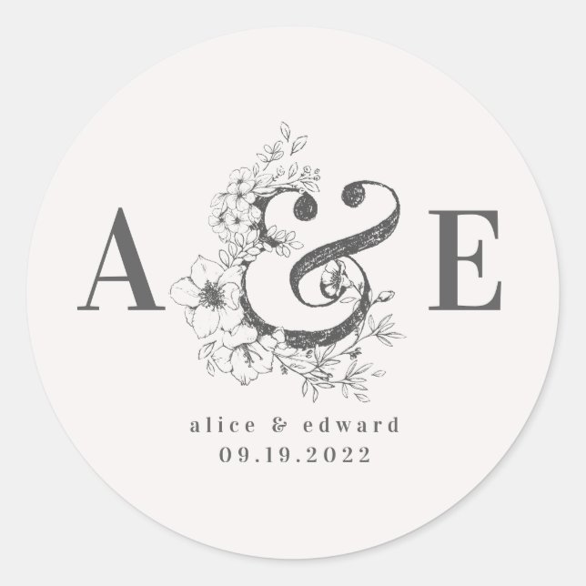 Handgezeichnete, elegante Hochzeit Runder Aufkleber (Vorderseite)