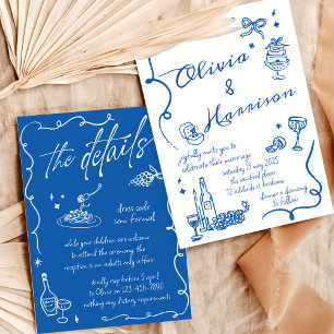 Handgezeichnete Elegante Retro Blue Wedding Einlad Einladung