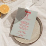 Handgezeichnete farbenfrohe Quirky Champagner Retr Menükarte<br><div class="desc">Ein buntes Retro funky modernes rotes und himmelblaues Dinner Menü für Hochzeiten. Das Design ist schick und zeigt den himmelblauen Hintergrund und die handgeschriebene Typografie. Mit handgezeichneten Cocktailbrillen mit Bändern . Ein perfekter und passender Rahmen für die ganze Suite.</div>