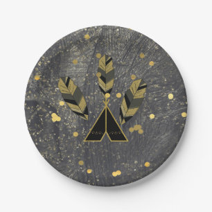 Handgezeichnete Feather & Tepee Gold Black Boho Gl Pappteller