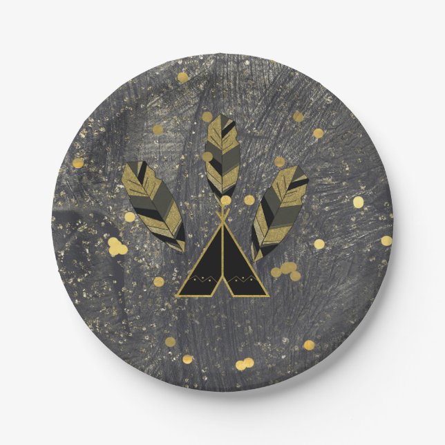 Handgezeichnete Feather & Tepee Gold Black Boho Gl Pappteller (Vorderseite)