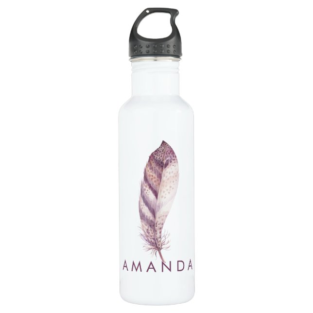Handgezeichnete feminine rosa lila Aquarellfeder Trinkflasche (Vorderseite)