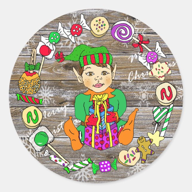 Handgezeichnete festliche Weihnachtself & Candy Runder Aufkleber (Vorderseite)