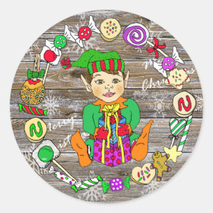 Handgezeichnete festliche Weihnachtself & Candy Runder Aufkleber