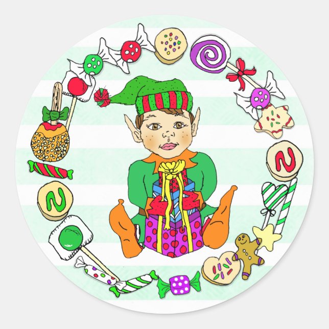 Handgezeichnete festliche Weihnachtself & Candy Runder Aufkleber (Vorderseite)
