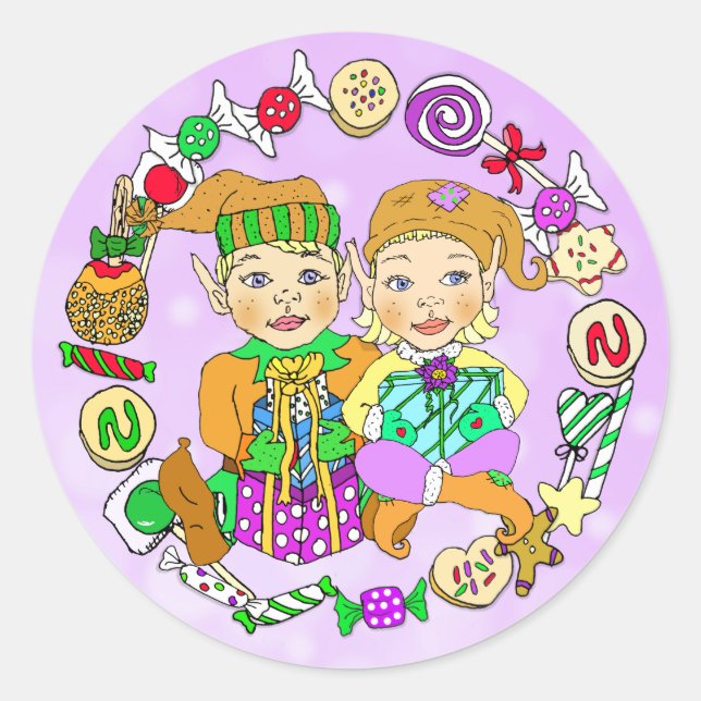 Handgezeichnete festliche Weihnachtselfen Runder Aufkleber (Vorderseite)