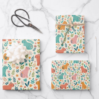Handgezeichnete Florale Capybara-Geschenkpapierbög Geschenkpapier Set