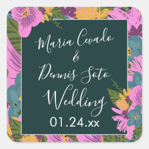 Handgezeichnete florale Hochzeit in kräftigem Rosa Quadratischer Aufkleber