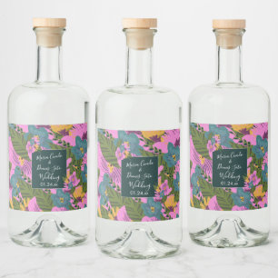 Handgezeichnete florale Hochzeit kräftiges Rosa Gr Alkoholflaschenetikett