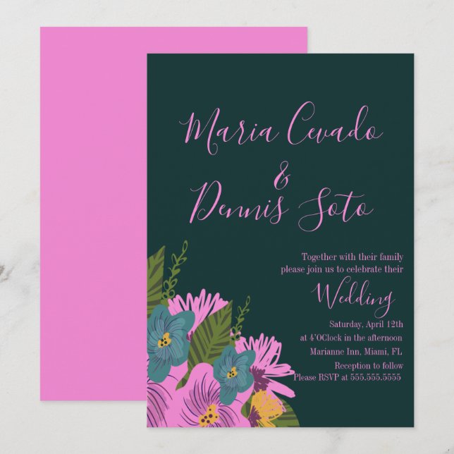 Handgezeichnete Florals Wedding Bold Farbe Einladung (Vorne/Hinten)