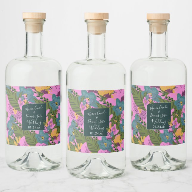 Handgezeichnete Florals Wedding Bold Pink Greeneri Alkoholflaschenetikett (Flaschen)