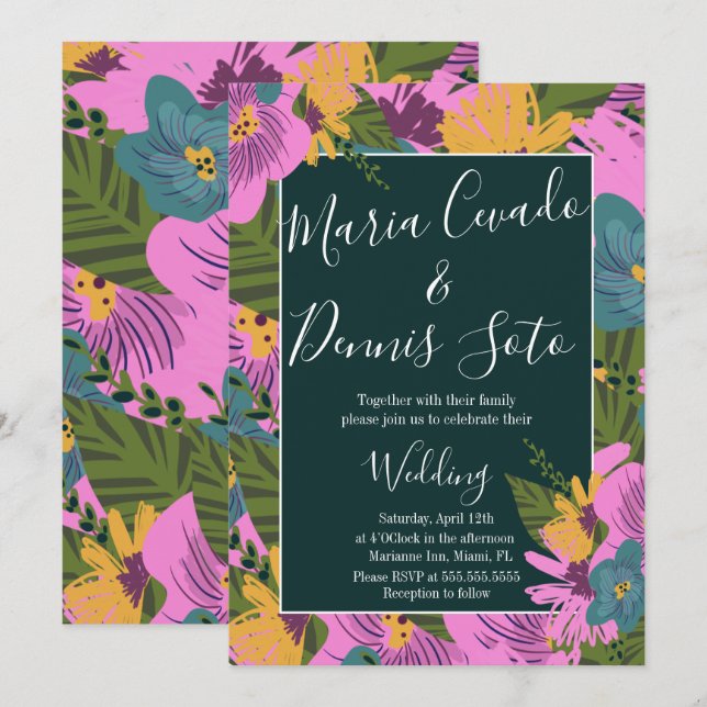 Handgezeichnete Florals Wedding Bold Pink Greeneri Einladung (Vorne/Hinten)