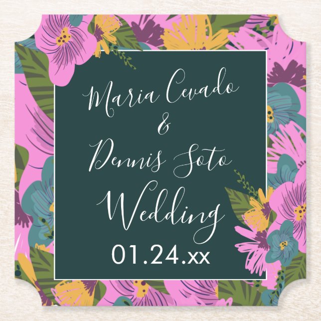 Handgezeichnete Florals Wedding Bold Pink Greeneri Untersetzer (Vorderseite)