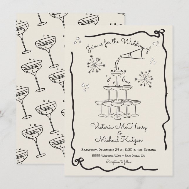 Handgezeichnete Funky Champagne Hochzeit Einladung (Vorne/Hinten)