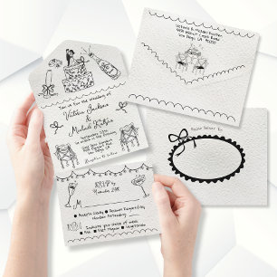 Handgezeichnete Funky Doodle Hochzeit All In One Einladung