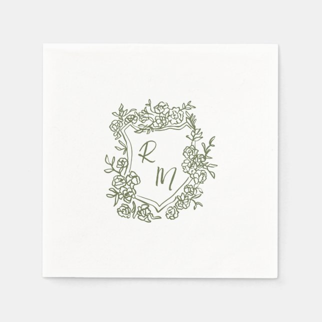 Handgezeichnete Funky Floral Wappen Monogram Weddi Serviette (Vorderseite)