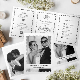 Handgezeichnete Funky Foto QR Code UAWG Hochzeit Dreifach Gefaltete Einladung
