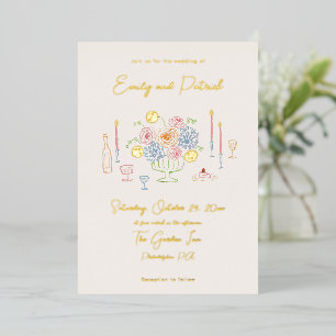 Handgezeichnete funky skurrile Pastell-Hochzeit Folieneinladung