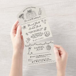 Handgezeichnete funky whimsical Hochzeit Alles in  All In One Einladung
