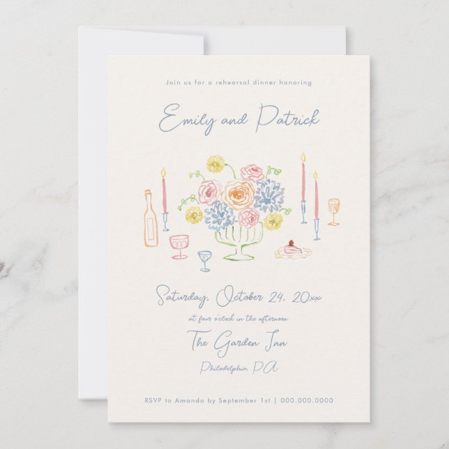 Handgezeichnete Funky Whimsical Pastel Probe Dinne Einladung (Vorderseite)