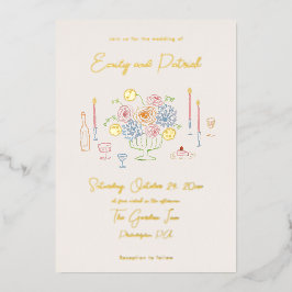 Handgezeichnete Funky Whimsical Pastel Wedding Folieneinladung